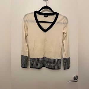 Club Monaco Cream and Black V-Neck Sweater with Polka Dot Design